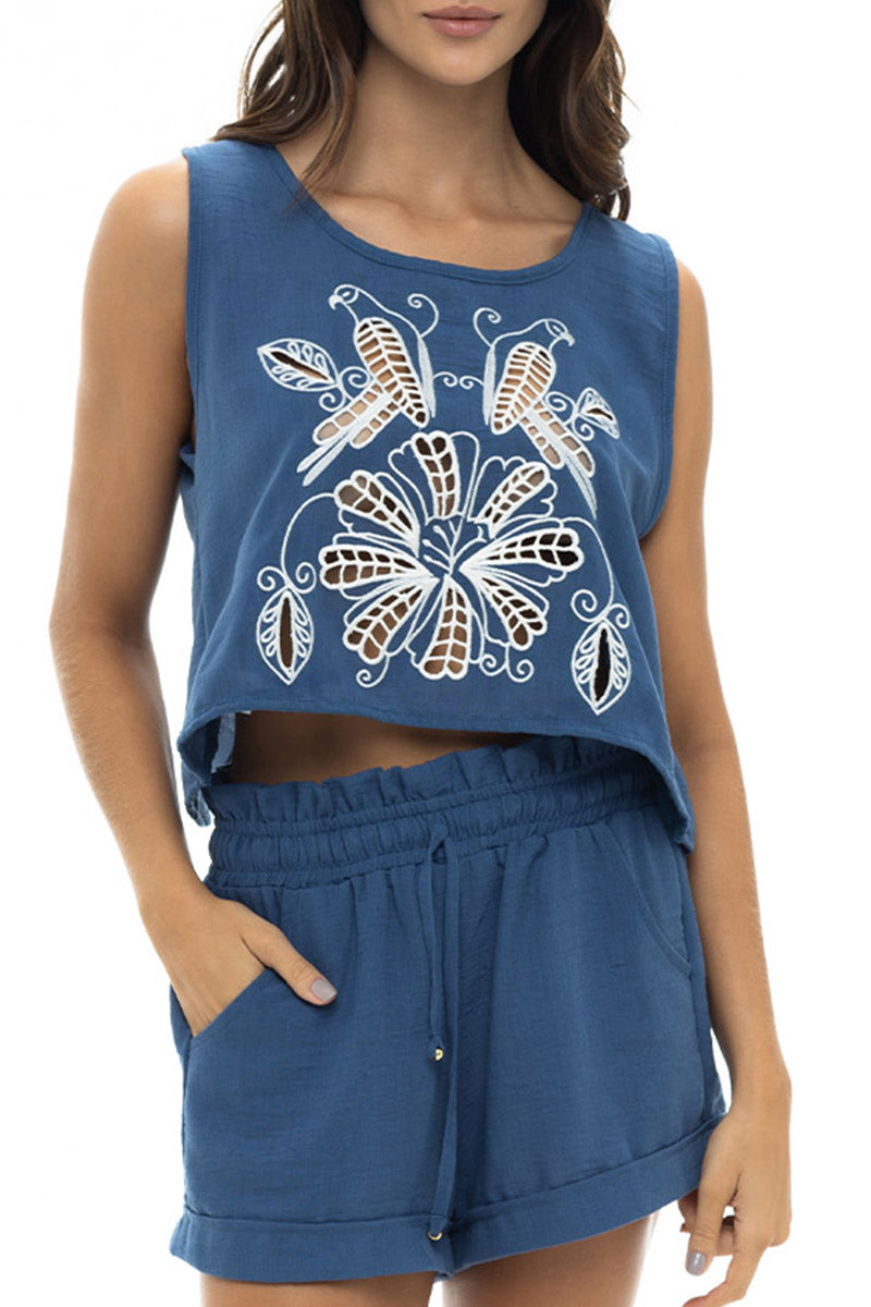 Crop Top con Bordado Azul Art Deco