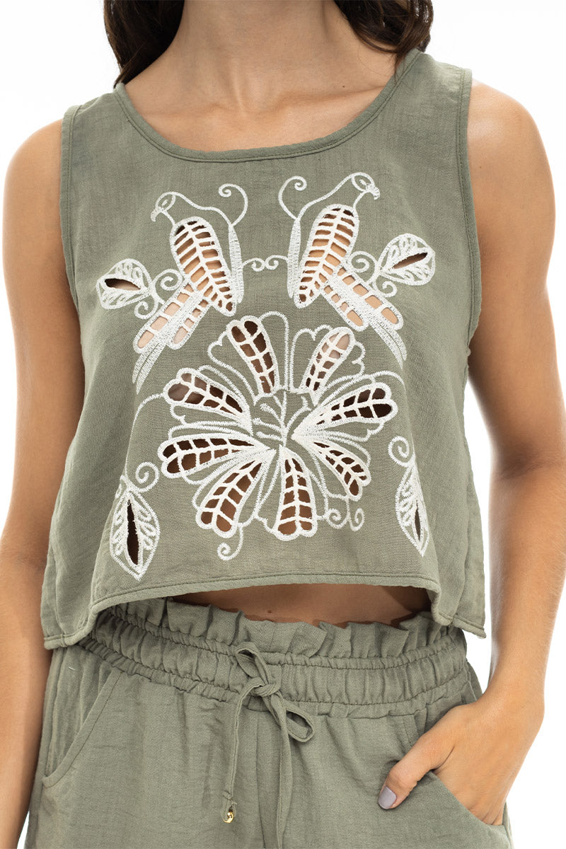 Crop Top con Bordado Verde Art Deco