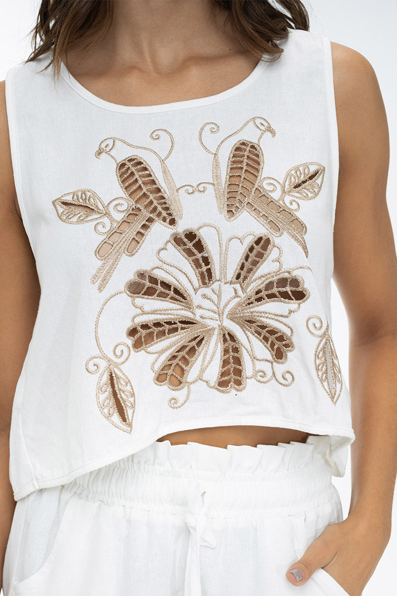 Crop Top con Bordado Marfil Art Deco